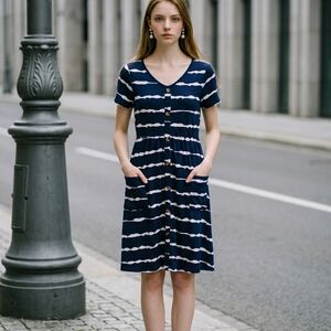 Molerani Navy w/White Stripes Button Up A-Line Dress M NWT